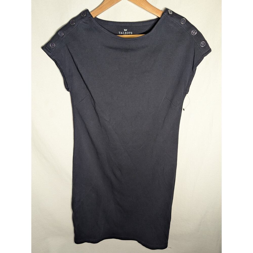 Talbots Womens Navy Short Sleeve Shift Dress Size SP Button Shoulder Detail NWOT
